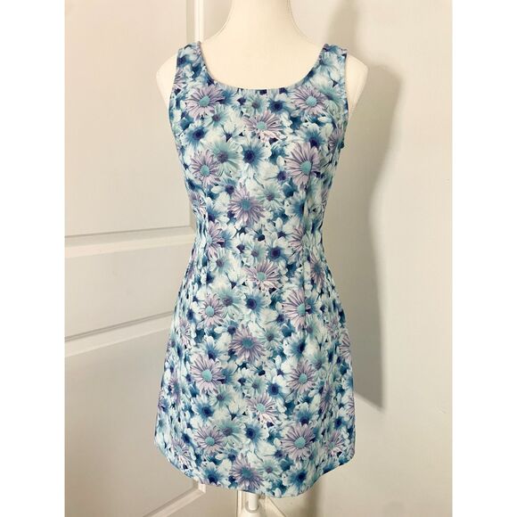 Vtg 90s Sleeveless Mini Dress in Blue Daisy Print by All That Jazz - Size 7/8 - Picture 2 of 7